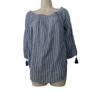 Old Navy Blue White Striped Off-Shoulder Top With Tassel Women Size M 3/4 Sleeve